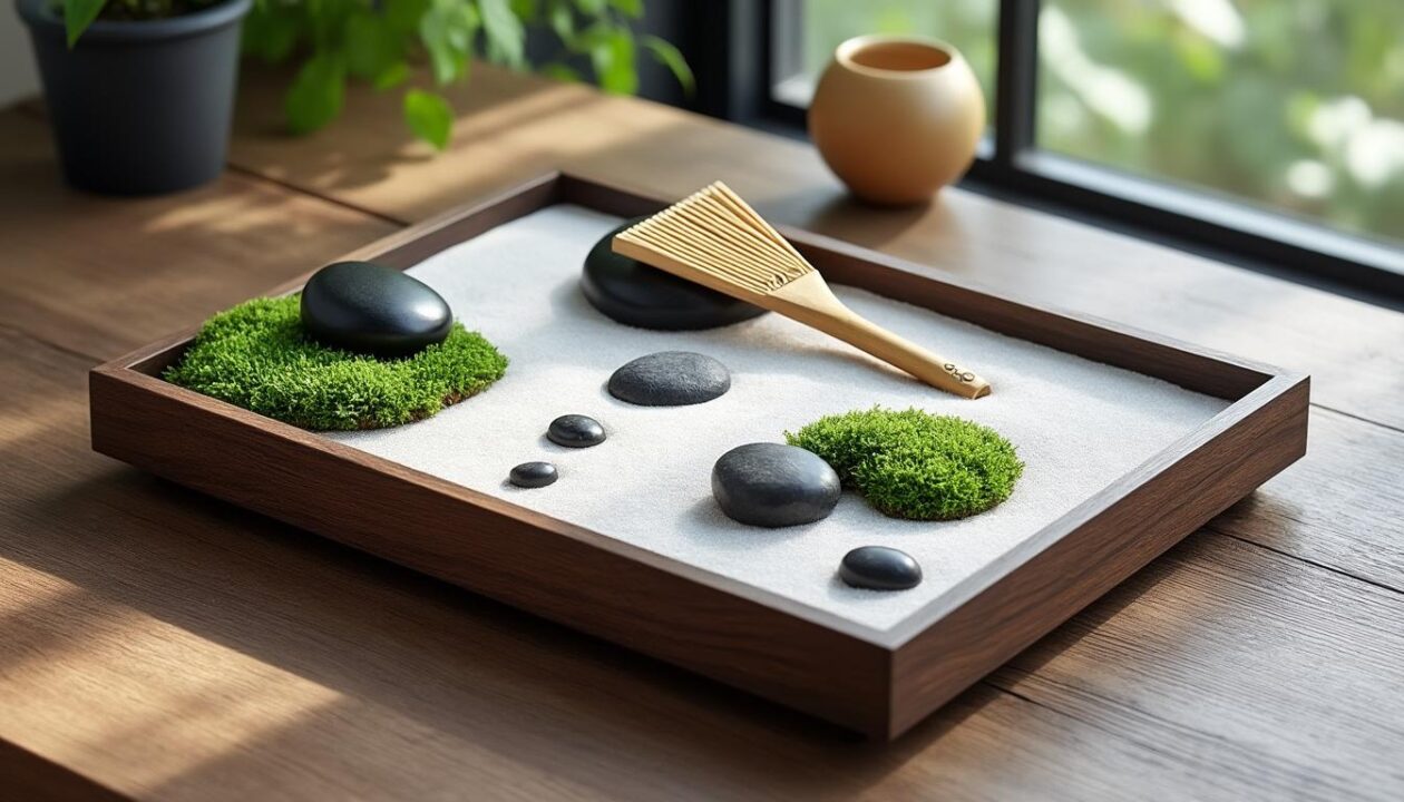 découvrez le kit mini jardin zen japonais webeedy, un plateau de sable de 21x15 cm avec décorations élégantes, parfait pour embellir votre bureau, favoriser la méditation, la relaxation et stimuler votre créativité diy.